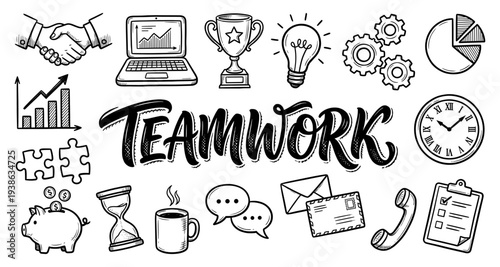 Teamwork and business doodle set in hand drawn sketch style