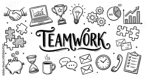 Teamwork and business doodle set in hand drawn sketch style