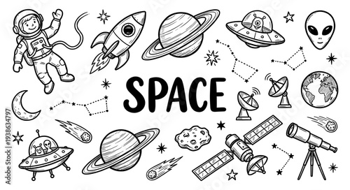Space and astronomy doodle set in hand drawn sketch style