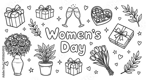 Women's day doodle set with rose bouquet and gift box sketch