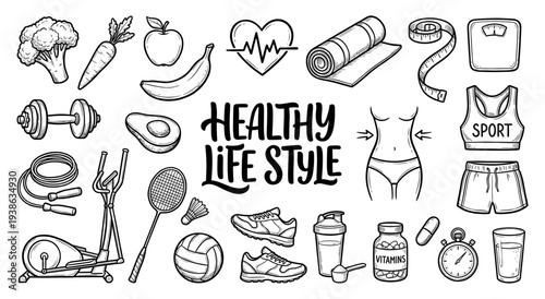 Healthy lifestyle doodle set with fitness and nutrition elements