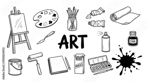 Art supply and painting tool doodle set with easel and palette