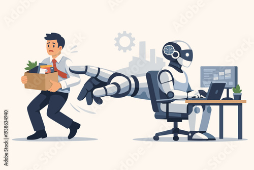 Artificial Intelligence AI replacing human jobs concept with a robot pushing a sad office worker away who is carrying a box of belongings after being fired or laid off from work illustration.