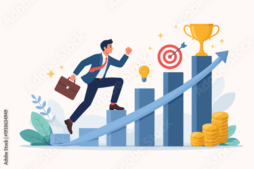 Businessman climbing bar chart stairs to reach gold trophy and financial success. Concept of career growth, ambition, motivation, goal achievement, and professional development illustration.