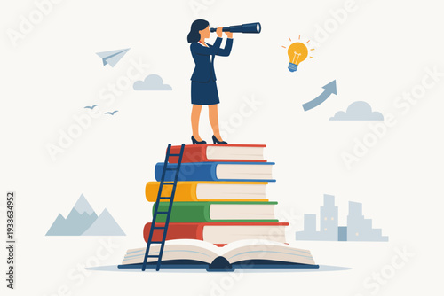 Businesswoman Standing on a Stack of Books Looking Through a Telescope for Future Opportunities, Concept of Education for Career Advancement, Knowledge, Visionary Leadership, and Success.