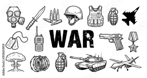 War military equipment set with tank drone and gas mask engraving