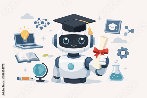 Artificial Intelligence in Education Concept Featuring a Cute Robot Graduate with a Diploma, Mortarboard, and Learning Icons like Laptop, Book, and Globe, Vector Illustration for EdTech.