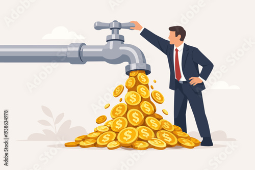 Wealthy businessman in a suit turning a faucet to release a stream of gold dollar coins, representing cash flow, profit making from business, earning from stock investment, and financial success.