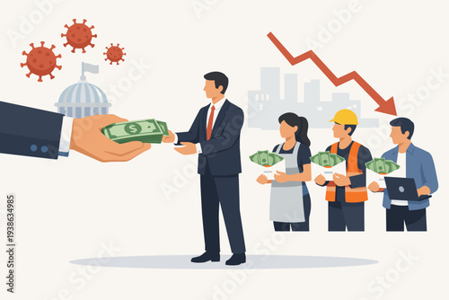 Government Financial Aid and Stimulus Package During COVID-19 Pandemic Economic Crisis. Businessman Receiving Money to Pay Salaries of Diverse Workers Amidst Market Downturn and Virus Outbreak.