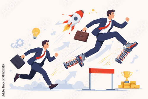 Businessman Using Spring Shoes to Jump Over Hurdle and Win Business Competition, Concept of Competitive Advantage, Innovation, Success Strategy, Work Efficiency, and Fast Career Growth Illustration