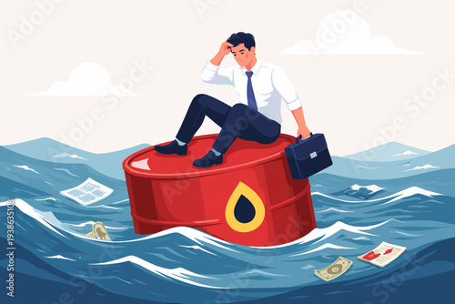 Stressed Businessman Sitting on a Red Oil Barrel Floating in a Stormy Sea with Floating Money and Documents, Representing Global Energy Crisis, Oil Price Volatility, and Financial Market Risk