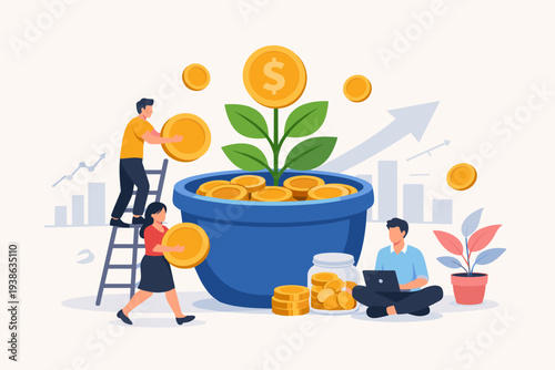 Mutual Fund Investment Growth and Wealth Management Concept with People Saving Money in a Large Pot. Financial Profit, Earning from Stock Market, Capital Gain, and Retirement Savings Vector.