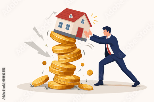 Businessman struggling to support a house on a falling stack of gold coins, symbolizing real estate market collapse, housing bubble burst, financial crisis, economic recession, and property risk.