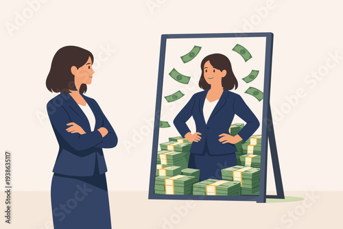 Confident Businesswoman Looking in Mirror Seeing Herself Surrounded by Stacks of Cash and Falling Money. Concept of Self-Worth, High Self-Esteem, Financial Ambition, and Positive Mindset.