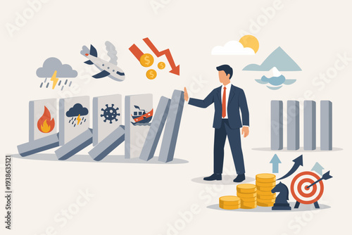 Risk management and crisis control concept with businessman stopping falling dominoes representing fire, virus, and economic loss to protect investment, money, and business growth strategy plan.