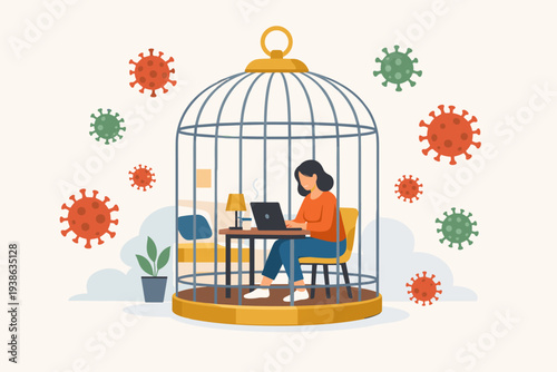 Woman Working on Laptop Inside a Birdcage During COVID-19 Pandemic Lockdown, Concept of Social Distancing, Self-Quarantine, Isolation, and Protection from Coronavirus Infection at Home Office