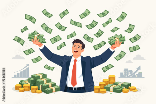 Happy businessman celebrating financial success and wealth with falling money, stacks of cash, and gold coins. Entrepreneur achieving high investment profit, earnings, and business growth.