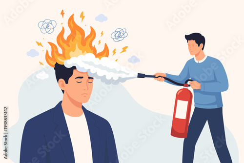 Mental Health Therapy to Cool Down Burning Mind and Reduce Burnout, Man Extinguishing Fire on Another Person's Head, Support for Stress, Anger Management, Depression Cure, and Anxiety Relief Vector