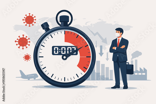 Time Countdown for Coronavirus COVID-19 Outbreak Impacting Global Economy and Business Shutdown with Businessman in Face Mask, Stopwatch, Falling Stock Market Graph and Virus Cells Vector Design