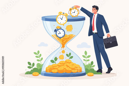 Smart Businessman Investor Putting Alarm Clocks into Large Hourglass Turning Time into Gold Coins, Long Term Investment Return, Retirement Pension Fund, Wealth Management, Financial Growth.
