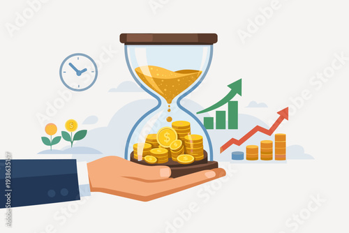 Time is money concept with hand holding hourglass where sand turns into gold coins, representing long term investment, compound interest, financial growth, and wealth management vector illustration