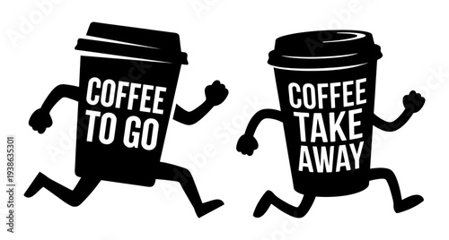 Coffee to go and take away running cup character