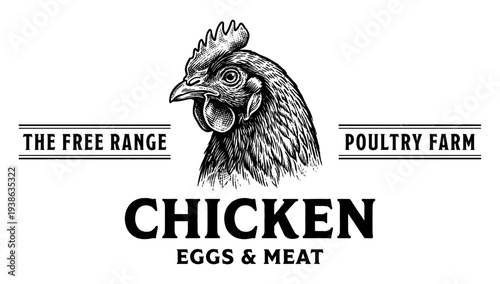 Poultry farm chicken logo with vintage engraving hen head