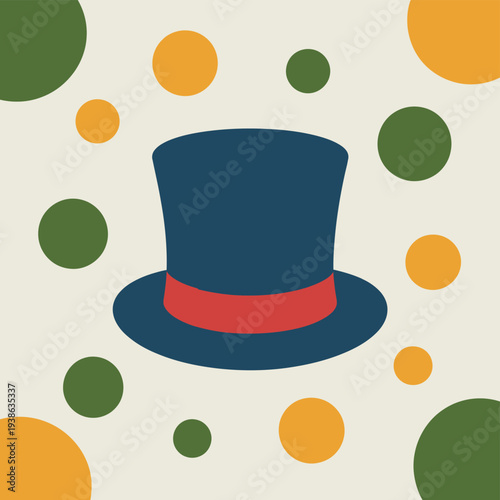 A stylized blue top hat with a red band is surrounded by scattered colorful circles.