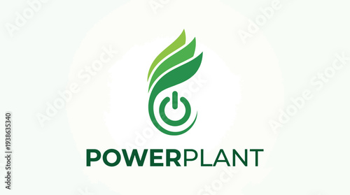 An energetic logo combining a power symbol and leaf design highlights the brand's commitment to sustainable energy solutions, blending nature and technology seamlessly.
