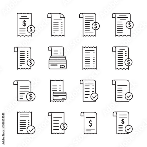 Invoice Icons Set Financial Documents and Payment Methods Line Art