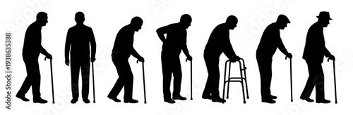 Elderly man silhouette set with walking stick and walker