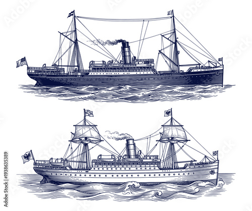 Antique steamship and maritime vessel engraving set