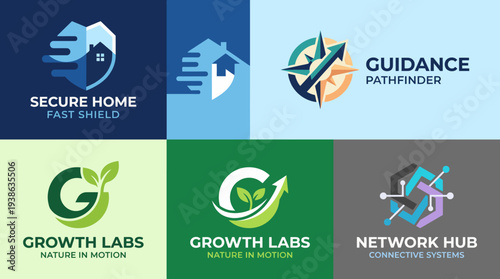 This collection features diverse logos designed for growth and security themes, emphasizing nature, technology, and connectivity as central concepts for various industries.