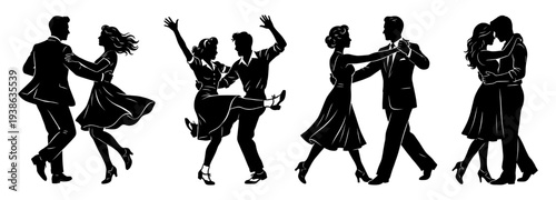 Retro dancing couple silhouette set with swing and ballroom