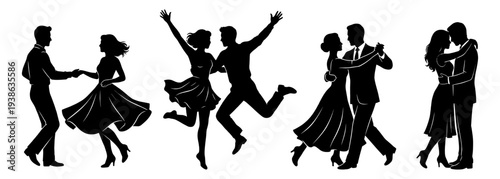 Retro romantic dancing couple silhouette set for wedding and ballroom