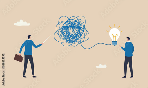 Proactive, chaos order theory or simplify idea to solve difficulty problems concept, businessmen discussing work using creativity solving messy line into light bulb idea.
