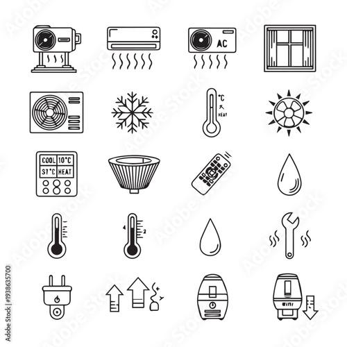 HVAC Icons: Air Conditioner Snowflake Thermometer Remote Humidifier Window Plug Spanner Drop Sun