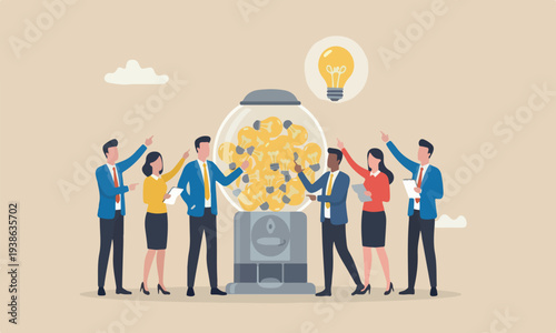 Business ideas light symbol concept, smart businessman with a lot of ideas standing with gumball machine with abundance of lightbulb ideas