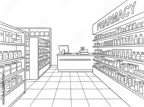 Pharmacy interior store with medicine shelf line art