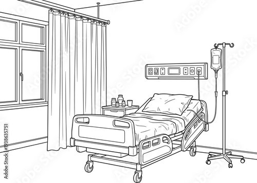 Hospital room interior with bed and IV stand line art