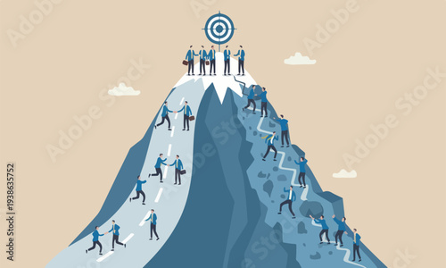 success teams together flat design with clean lines and minimal shading business concept, businessmen compete easy and hard way to climb mountain