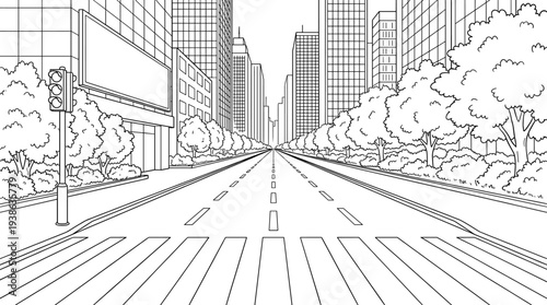 City street road perspective with skyscraper and crosswalk line art