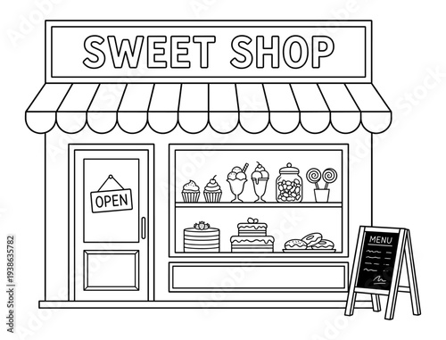 Sweet shop storefront with candy dessert and menu board line art