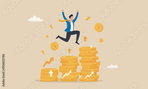 Pay raise salary,wages growth, investment profit and earning rising up, career development or wealth management concept, happy businessman jumping on rising money coin stack