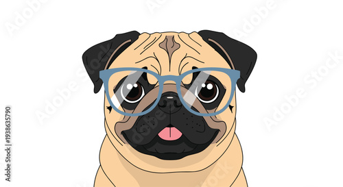 A cartoon illustration of a light brown pug dog with black ears and snout wears blue-framed glasses, looking forward with its tongue out on a white background.