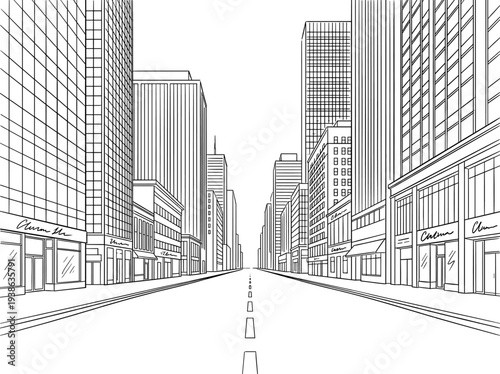 City street empty road perspective with skyscraper line art