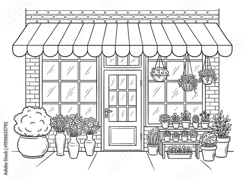 Flower shop storefront with potted plant and awning line art