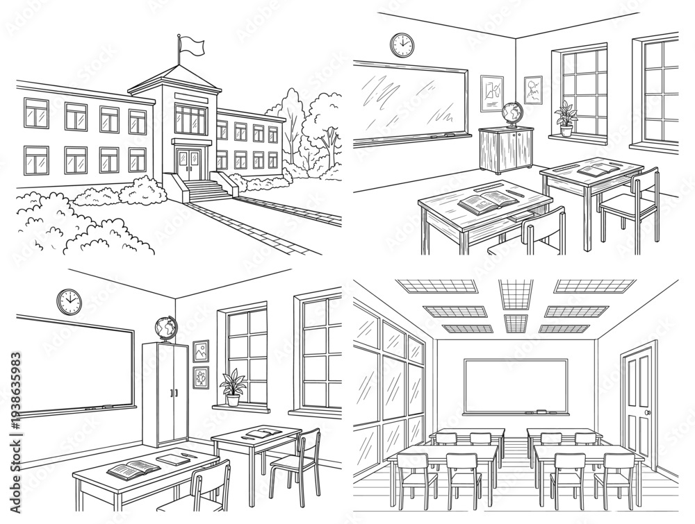 Fototapeta premium School building and classroom interior line art set