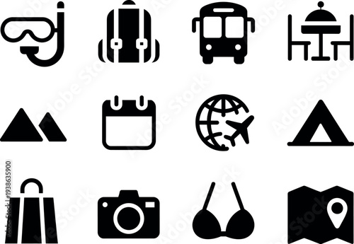 Collection of black travel and vacation related icons isolated on a transparent background for creative design