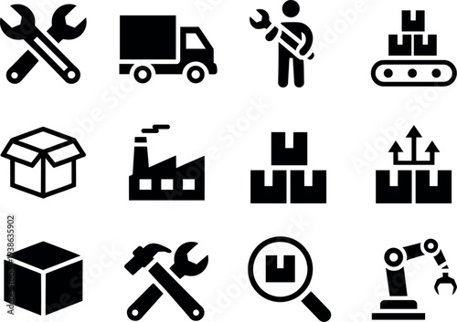 Collection of black industry and logistics icons representing manufacturing and delivery processes